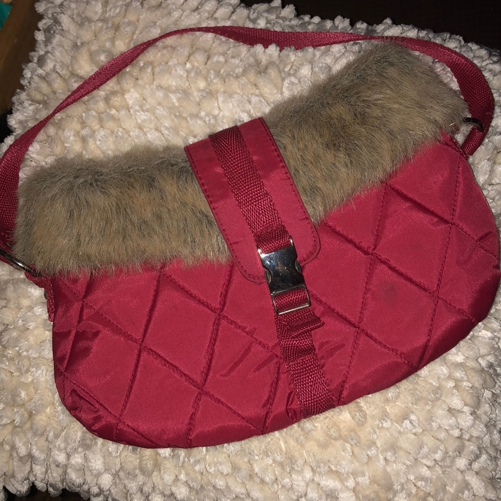Red bag with faux fur